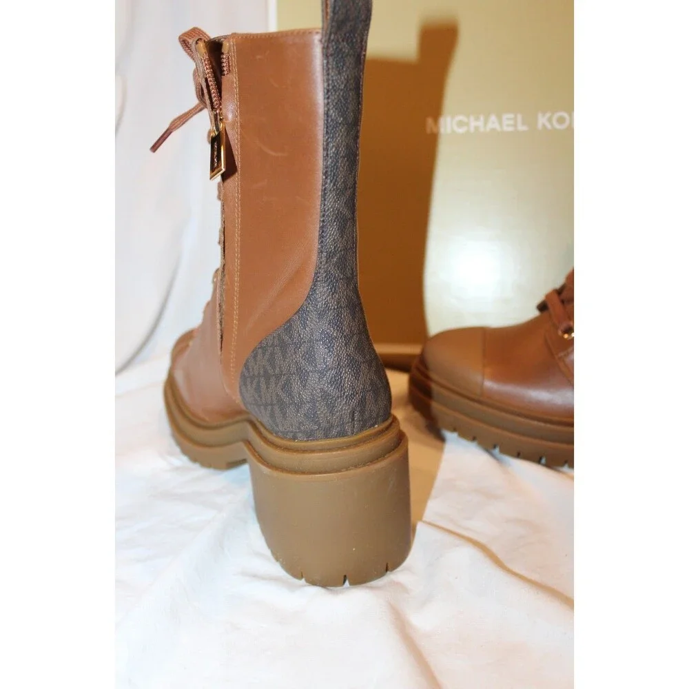 Michael Kors Women's Hanley Charm Lace Up Combat Bootie Luggage Brown NIB SZ 8.5